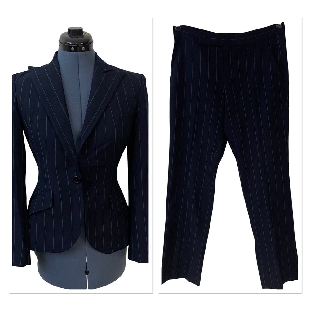 Ralph Lauren Black Label Womens Navy Pinstripe Wool Pant 2 Suit Peplum Blazer 4